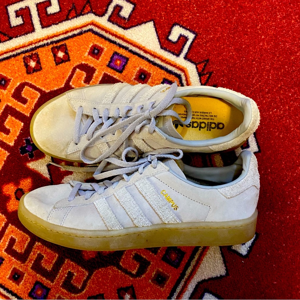 Adidas Campus White Suede Leather Sneakers, Size 8, Gum Sole Tennis Shoes